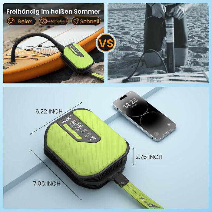 Насос електричний TowerTop для SUP дошки, каяків та автомобілів, 50 PSI, 10500mAh, 8 насадок, зелений