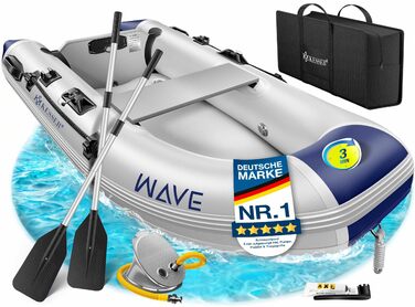 Надувний човен KESSER® Wave 230-320 см, комплект 6 в 1: човен, лавка, насос, весла, ремкомплект, сумка. Для моря, річки, мотора. Сіро-блакитний