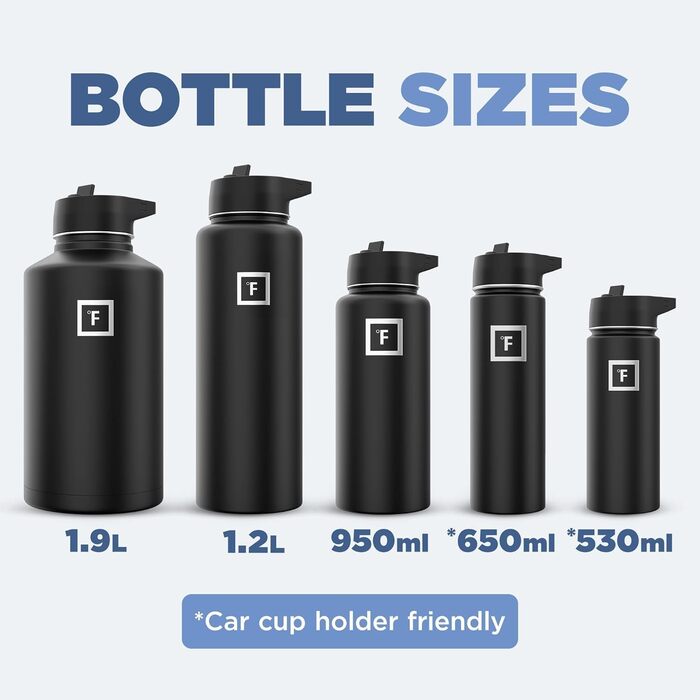 Фляга для води з нержавіючої сталі з 3 кришками - термофляга, витікання, ізольована, без BPA, для спорту, школи, фітнесу, кемпінгу, чорний колір Midnight Black, 710 мл