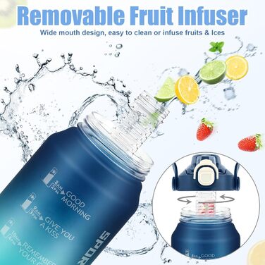 Спортивна пляшка для води MOMSIV 2L з трубочкою та відсіком для фруктів, з позначками часу, чорна (блакитно-зелена), BPA-Free