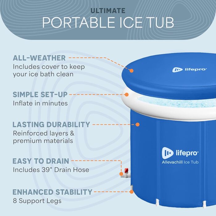 Lifepro Ванна для криотерапії Cold Plunge Tub - велика ванна для холодової терапії на 92 галони з кришкою та сумкою (блакитна)