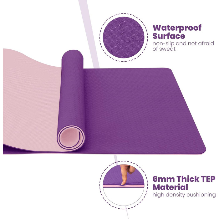 Килимок для йоги Narwhal TPE, 190x80 см, антиковзаючий, фіолетовий/рожевий