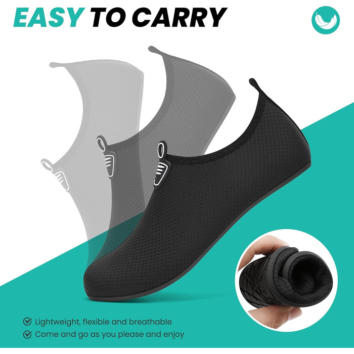 Чоловічі та жіночі аквашузи для плавання та відпочинку на пляжі. Легкі, швидковисихаючі, з антиковзким покриттям. Розмір 41 EU, чорний колір