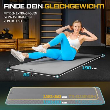 TREX SPORT Килимок для гімнастики та фітнесу | Товстий та м'який, 190x80x1 см, з ручкою для перенесення, неслизький, сірий | Килимок для йоги