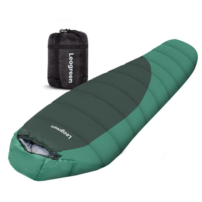Спальник Leogreen пуховий для дорослих, 3-4 сезони (-15℃ ~ +5℃), 300 GSM, 1800г, для кемпінгу, туризму та альпінізму, 210x80x35 см (Зелений)