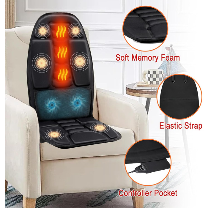 Масажне сидіння для спини з функцією охолодження/підігріву та вібрацією, чорний колір. Зняття м'язової втоми та стресу.