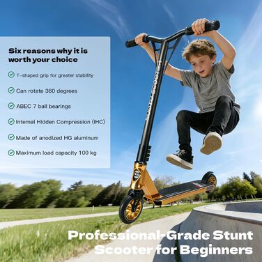 SUOTU Професійний стент-скутер, 360° кермування, роликовий скейт з колесами 110 мм 85A PU, для дітей, підлітків та дорослих, вантажопідйомність 100 кг, алюміній, чорний – золотий