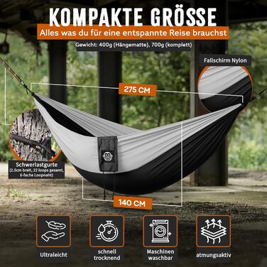 Гамак Monkey Swing ультралегкий з карабіном та стропами (до 300 кг) – 275 x 140 см, для кемпінгу, відпочинку на природі, трекінгу та подорожей (зелений/хакі, чорний)