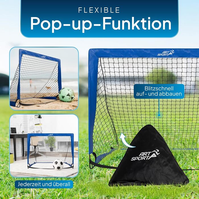 ArtSport Ворота для футболу Pop-up Goal Master - 2 шт. з аксесуарами - складані та готові до гри - 2 ворота для гри в приміщенні та на вулиці - футбольні ворота для дітей, колір: блакитний