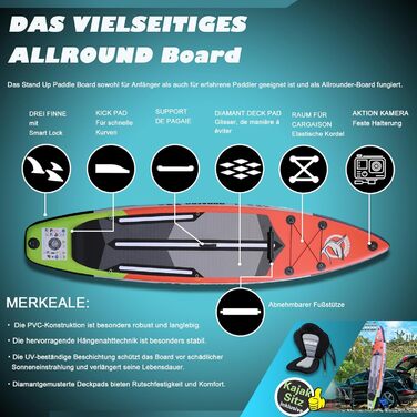 Надувна SUP дошка Stand Up Paddle Board 330x76x15 см, знімні 3 плавники, сидіння для каяка, регульоване подвійне весло, тримач для камери, комплект аксесуарів, вантажопідйомність до 150 кг, червона