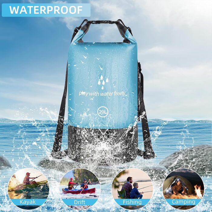 Водонепроникний сухий мішок GES 20 л Roll-Top з кишенею для телефону - для каякінгу, сплаву, кемпінгу та риболовлі (Світло-блакитний)