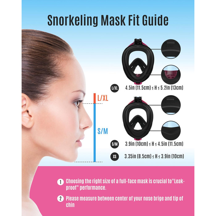 Маска для снорклінгу G2RISE Fullface, доросла, чорно-рожева (S/M) з тримачем для камери, безпечна від CO2