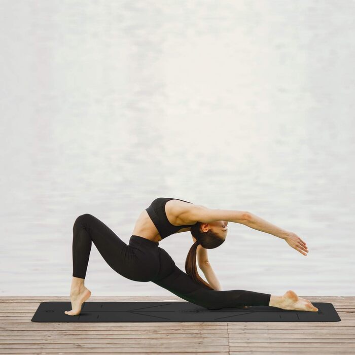Йога-мат Yoga World Alignment, нековзкий, екологічний, TPE, 183x66 см, чорний – товстий килимок для йоги, пілатесу та домашніх тренувань, біорозкладний