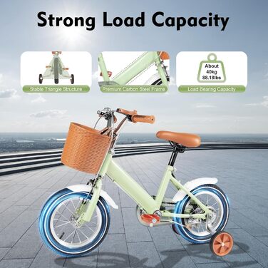 Дитячий велосипед 12 дюймів, для дітей 2-4 років, з кошиком та додатковими колесами, регульоване сидіння та кермо, подвійне гальмо, зелений