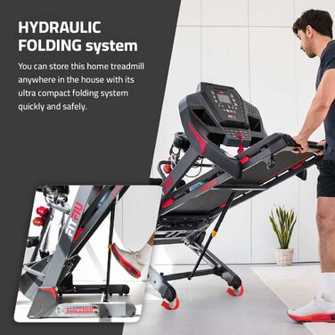 Біговий тренажер FITFIU Fitness MC-500 зі складною конструкцією, автоматичним нахилом, 18 км/год, пульсометром, Bluetooth та підключенням до додатків (Kinomap, Spax, Zwift), площа бігового полотна 41x123 см, максимальне навантаження 120 кг