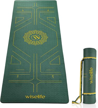 Килимок для йоги Wiselife Tru Alignment із ременем, TPE, 6 мм, екстра товстий, довгий і широкий, смарагдовий, для жінок і чоловіків