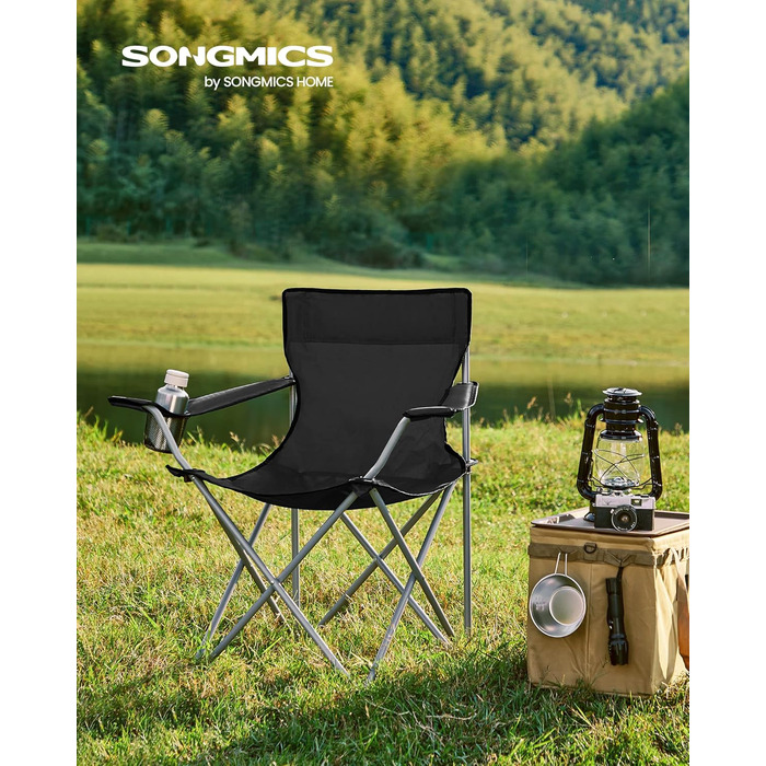 Крісла для кемпінгу SONGMICS, розкладні, 2 шт., чорні, з підлокітниками та тримачем для напоїв, міцний каркас, вантажопідйомність 120 кг