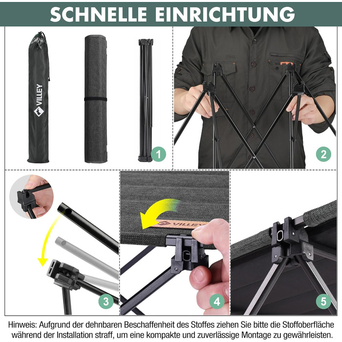 Стіл для кемпінгу VILLEY складний, розкладний, з алюмінію та Оксфордської тканини. Максимальне навантаження 25 кг, з сумкою. Легка установка, ідеально для кемпінгу, відпочинку на природі, риболовлі та вуличної кухні. Чорний.