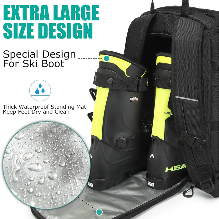Чохол для лижних черевиків з відділенням для шолома, 65L, нейлон, рюкзак для лиж, роликів, ковзанів, чорний