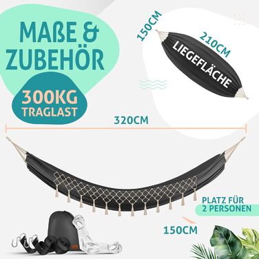 Гамак KESSER® 320x150 см, до 300 кг, з фрінгією, для кемпінгу та відпочинку на природі (Антрацит)