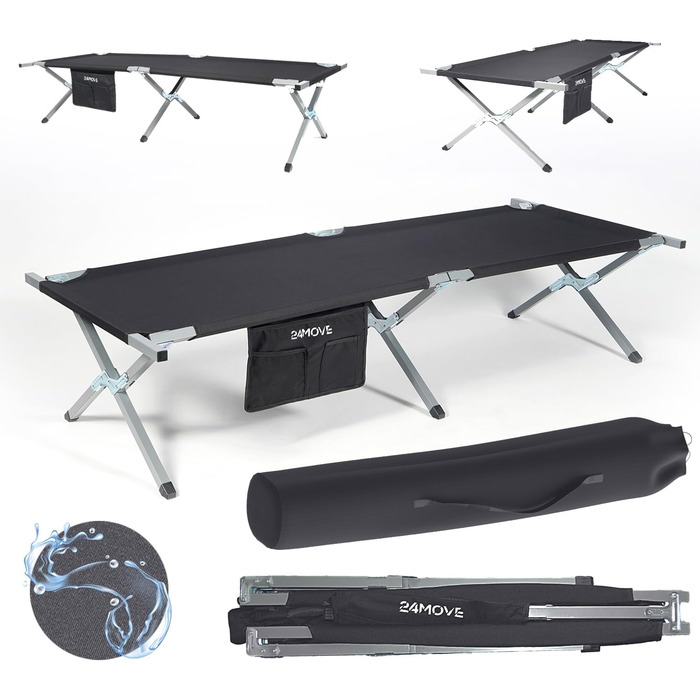 Розкладне ліжко 24MOVE® для кемпінгу та відпочинку на природі, 210x72x45 см, чорне, до 200 кг