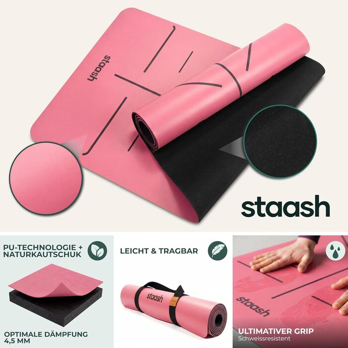 STAASH Преміум комплект килимків для йоги – нековзний з PU та натурального каучуку (4,5 мм) – з рушником для йоги, ремінєм та наколінником – широкий та довгий – довговічний, студійного зразка для жінок та чоловіків, рожевий