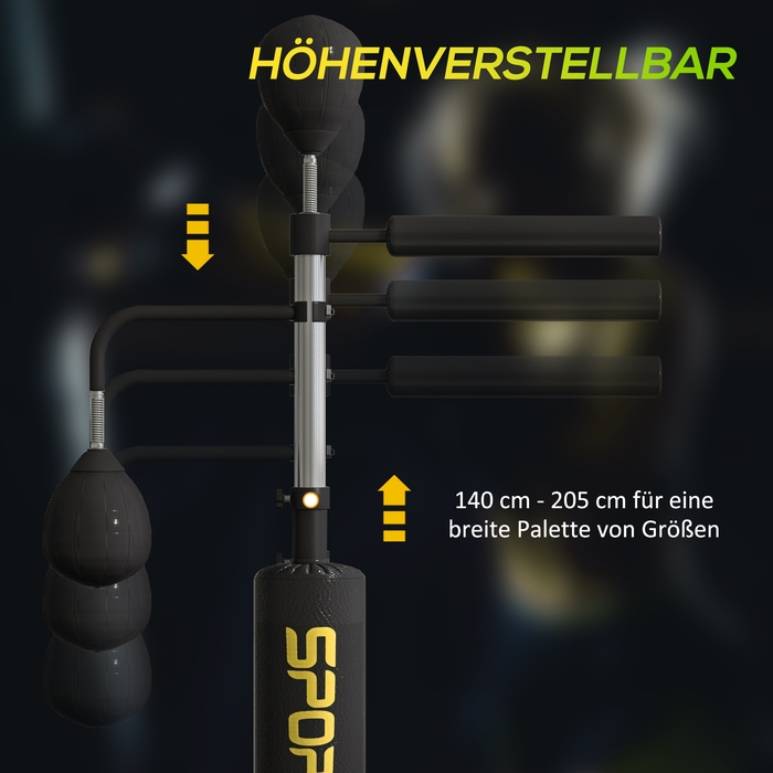 Стенд для боксу SPORTNOW Boxstand з двома мішенями Speedballs, поворотна штанга, килимок для ударів, регульована висота, сталь, 107 x 36 x 140-205 см, чорний