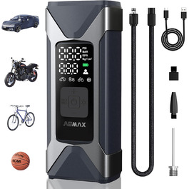 ASMAX електричний насос 7500mAh, портативний компресор для накачування шин 160PSI/11Bar з цифровим манометром і LED підсвіткою, міні помпа для авто, мотоциклів, велосипедів, м'ячів