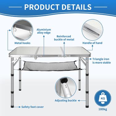 Складний туристичний стіл CPROSP 90x40 см, регулювання висоти 26-70 см, срібний