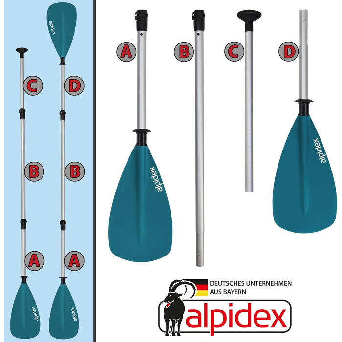 ALPIDEX 2-в-1 весло для SUP/каяка: регульоване, легке, телескопічне (160-207см), алюмінієве. Підходить для веслування на SUP та каяку. Petrol