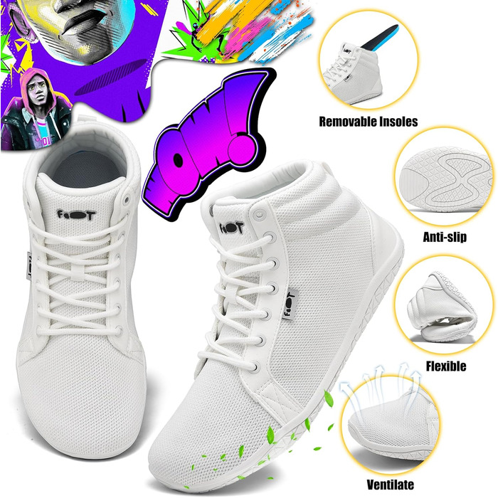 Мінімалістичні кросівки без шнурів Hi-top для чоловіків та жінок. Легкі, зручні кросівки для ходьби, трейлраннінгу та фітнесу. Zero Drop підошва, неслизька, білі, 42 EU.