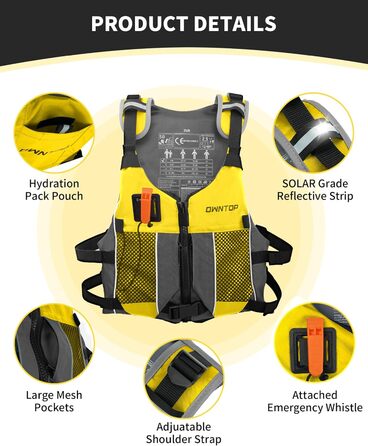 Рятувальний жилет Owntop для дорослих та юнаків з пискликом та рюкзаком для води | Легка унісекс куртка для SUP, каякінгу, риболовлі та інших водних видів спорту (XXS, жовтий)