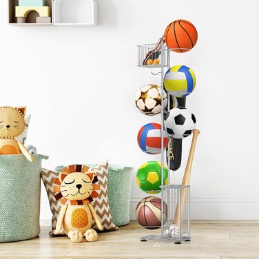 Металева стійка для м'ячів Smusei, 7-ярусна, з 2 кошиками та гачками. Організатор для баскетболу, футболу, волейболу та інших м'ячів. Сріблястий колір