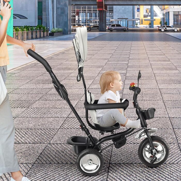 Триколісний велосипед для дітей 1-5 років, 5 в 1, з регульованою висотою сидіння, поворотний сидіння 360°, знімний капюшон, безпечний ремінь, кошик для іграшок, сірий