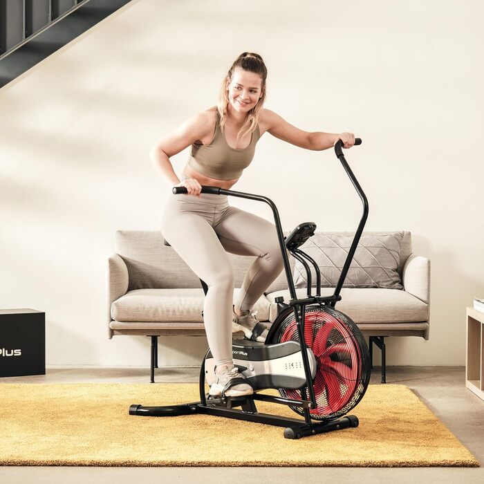 Велотренажер SportPlus Air Bike з повітряним опором, сумісний з додатком, для HIIT, домашній фітнес, підсвічування дисплея, навантаження до 100 кг, чорний/червоний, не підтримує додатки