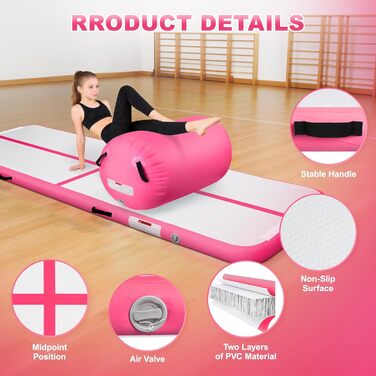 Airtrack мат для гімнастики 10 см, 3м/4м + повітряний рол 100x60см, електричний насос (Рожевий, 300x100x10см + 100x60см)