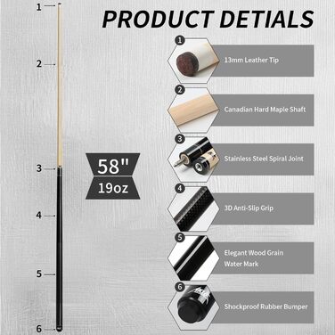 AKLOT Більярдний кий 58' - канадський клен, 13 мм шкіряна вершина, 3D ручка, преміум якість, для професійних гравців, чорний (540г)