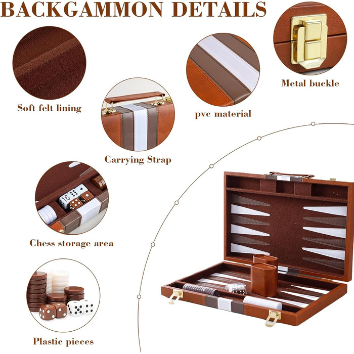 Набір для гри в шашки (бекґеммон) дерев'яний, 15 дюймів, для дорослих та дітей, у кейсі