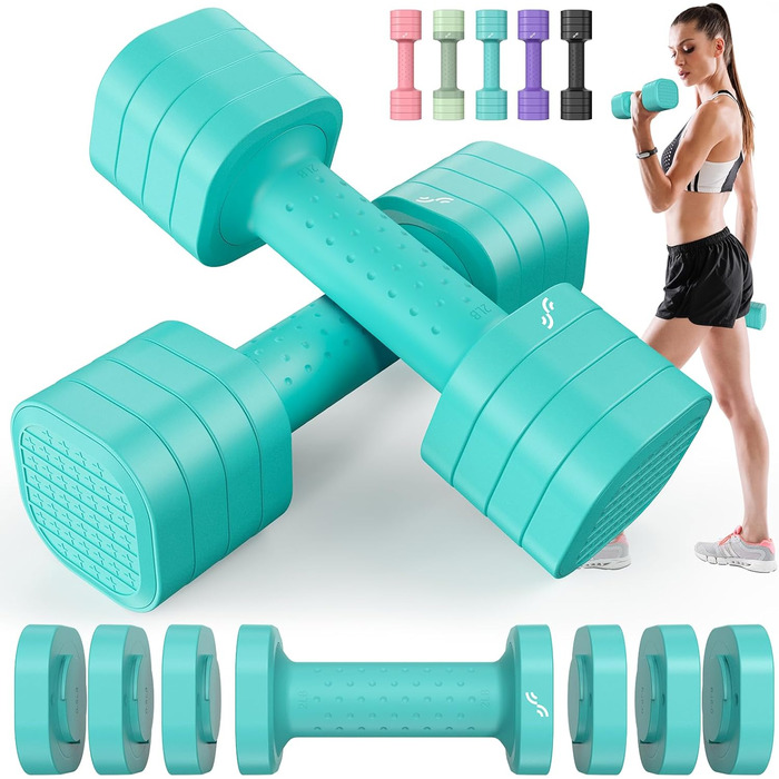 Sportneer Регульовані гантелі для жінок - набір з 2 гантелей (0,9–2,3 кг кожна), 4-в-1 набір гантелей з неслизьким ТПУ-покриттям, набір гантелей для домашнього спортзалу, фітнесу та силових тренувань (Блакитний)