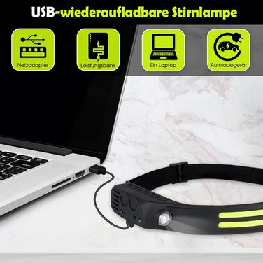 LED налобний ліхтар, 2 шт. з широким кутом огляду 230°, акумулятор 1500mAh, з червоним сигнальним світлом, 5 режимів, водонепроникність IPX4, датчик, для бігу, риболовлі, походів