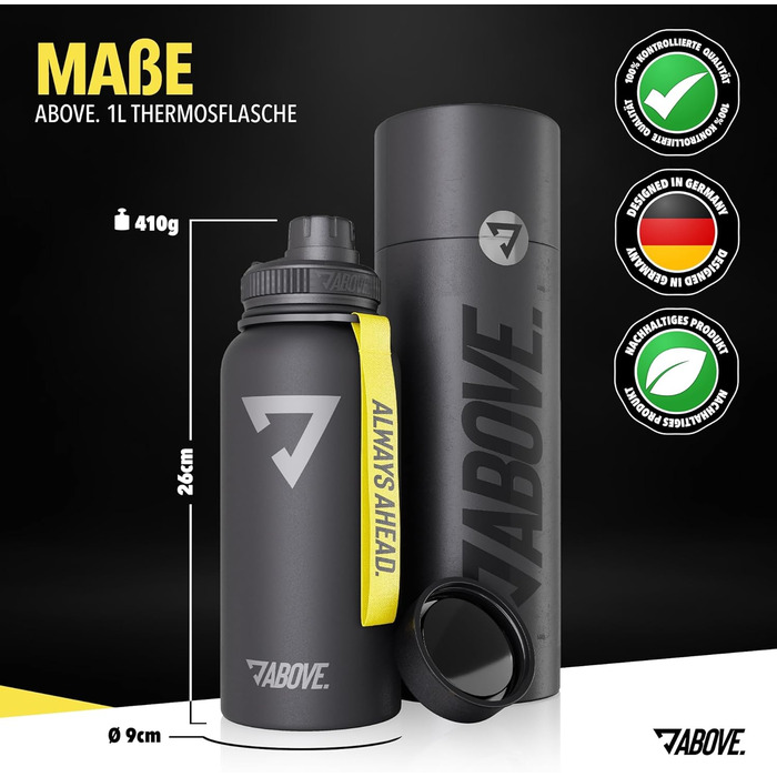 Термос-пляшка з нержавіючої сталі 1 л ABOVE, герметична, BPA Free, з додатковою кришкою, зберігає тепло до 12 годин і холод до 24 годин, для спорту, фітнесу, туризму, чорна