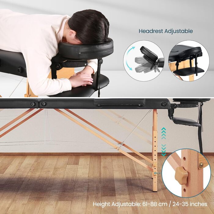 Складаний мобільний масажний стіл BODIOO з дерев'яними ніжками, 2 зони, регульована висота, до 250 кг, чорний