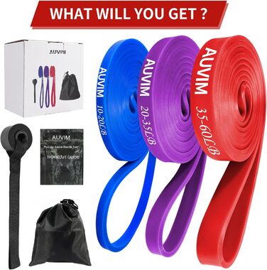 Набір еластичних стрічок для фітнесу AUVIM: 3 рівні опору для силових тренувань, розтяжки, калістеніки, кросфіту, пілатесу, йоги. У комплекті: дверний анкер та сумка для зберігання (блакитний, фіолетовий, червоний)