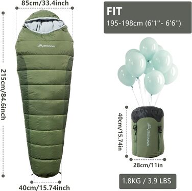 Спальний мішок BISINNA Mumienschlafsack -10°C - 5°C [400GSM] для туризму, кемпінгу та подорожей, зелений