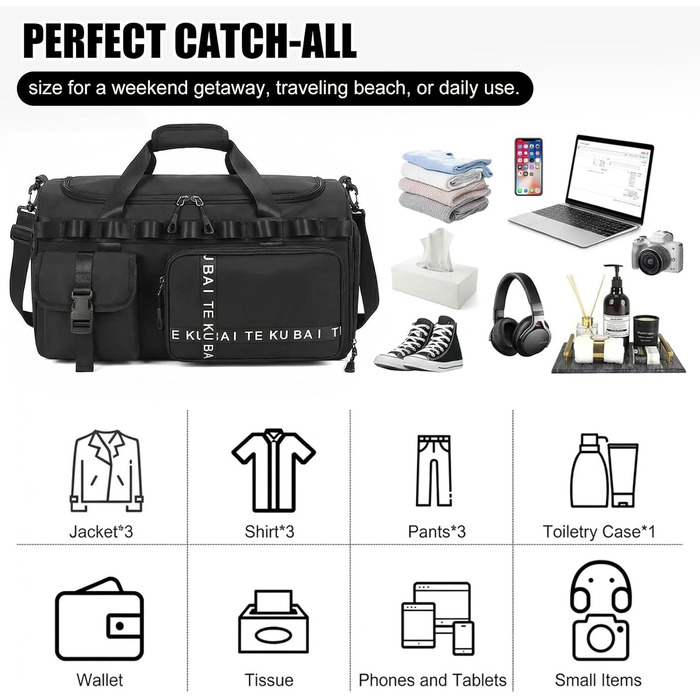 Спортивна сумка для подорожей 65Л для жінок та чоловіків, містка дорожня сумка з відділенням для взуття та вологих речей, сумка для залу та плавання (Чорна)
