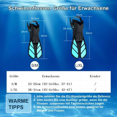 Ласти для плавання Schnorchelflossen S/M (37-41) Cyan: професійні ласти для снорклінгу та дайвінгу з регульованим ремінцем, PP+TPR