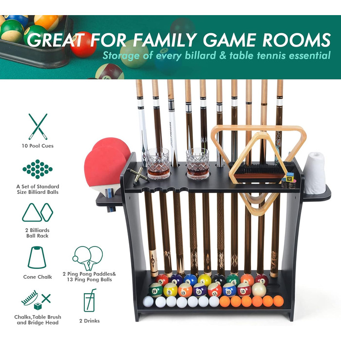 Підставка для бильків XCSOURCE 2-в-1: для бильків та шатків для пінг-понгу. Масивна дерев'яна підставка на підлозі, вміщує 9 бильків. Комплект з м'ячиками, аксесуари для більярду та пінг-понгу. Чорний колір.