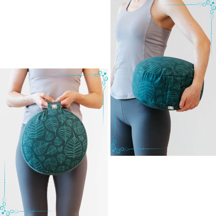 Медитаційне подушення Bodhi RONDO | Знімний бавовняний чохол 100% | Наповнювач з органічної житньої лузги | Висота 14-20 см | Петля для перенесення | Колекція Maharaja (Мінералово-блакитний RAJA/сріблястий-універсальний)