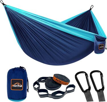 Гамак для кемпінгу AnorTrek, легкий, туристичний, з двома стропами, 280 x 140 см, блакитний/темно-синій