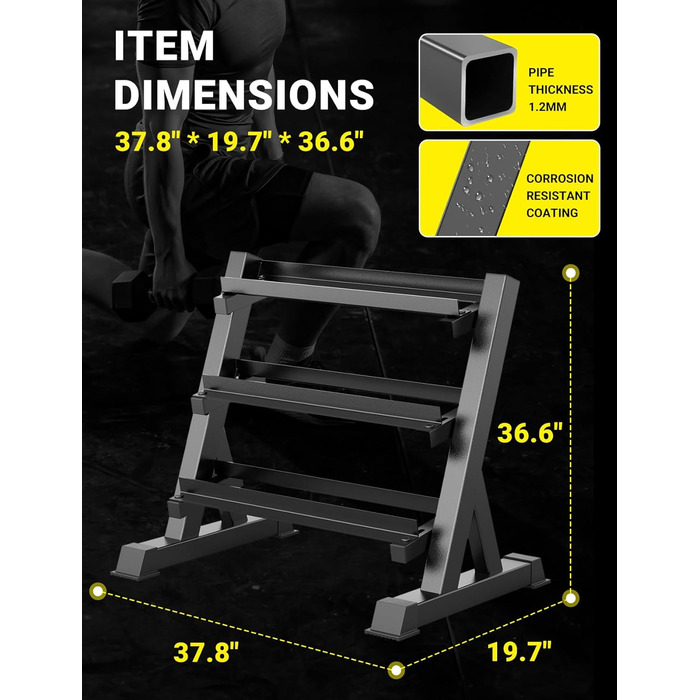 Стойка для гантелей з вантажопідйомністю 500 кг, 3 полиці для зберігання гантелей, 96 x 48 x 91 см (гантелі не входять до комплекту)